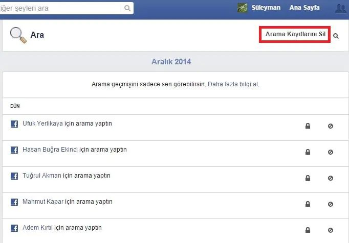 Facebook Arama kaydı Silme