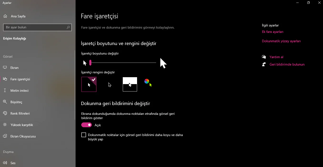 Windows 10’da İmleç Boy Renk