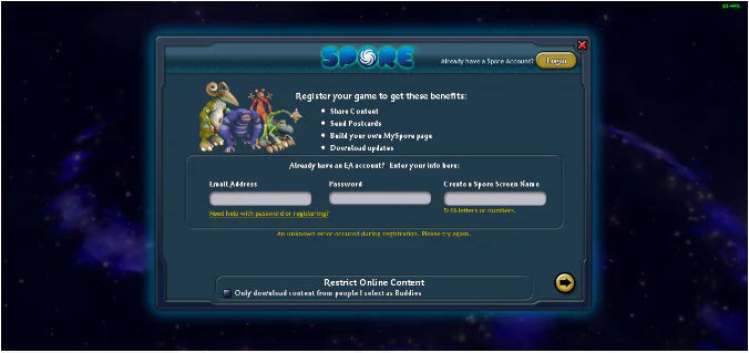 Spore oyununa kayıt olunmuyor