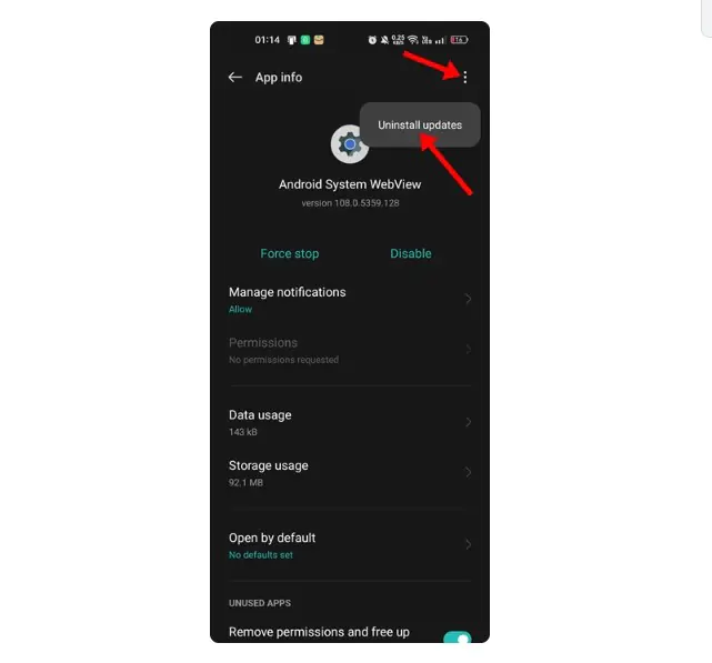 Android Sistem Web Görünümü Güncellemelerini kaldırın