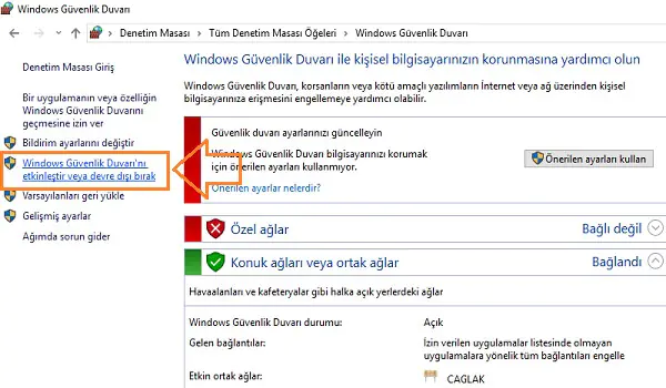 Güvenlik Duvarı Ayarları