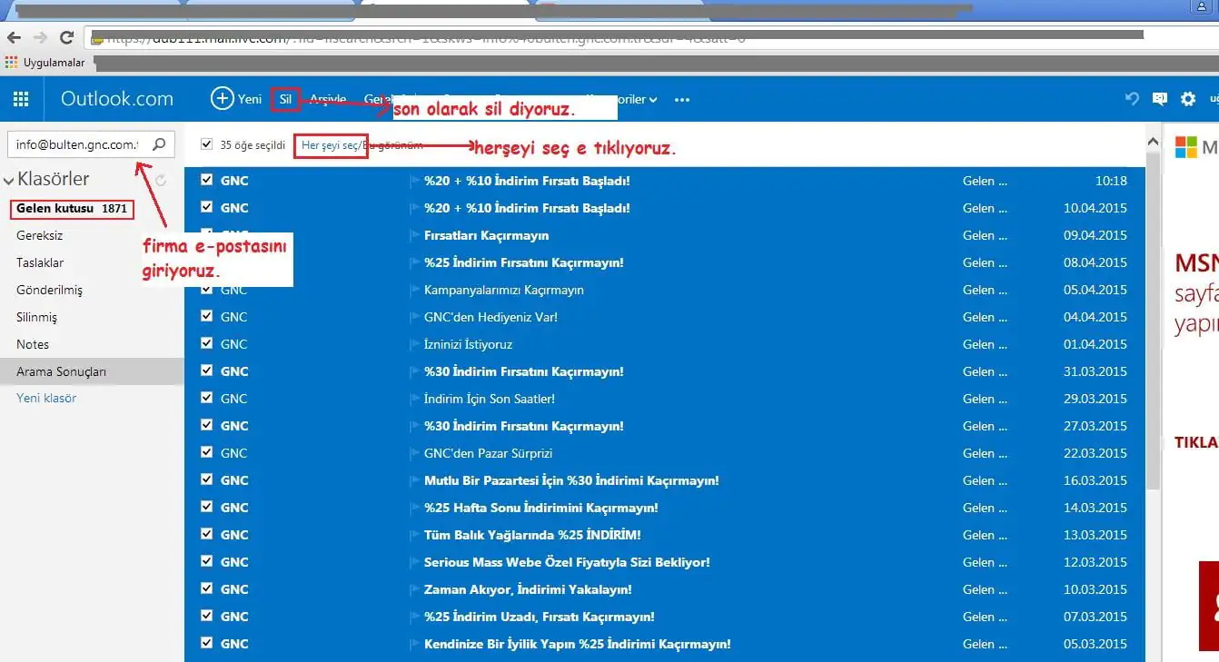 Hotmail epostalarını toplu olarak silme