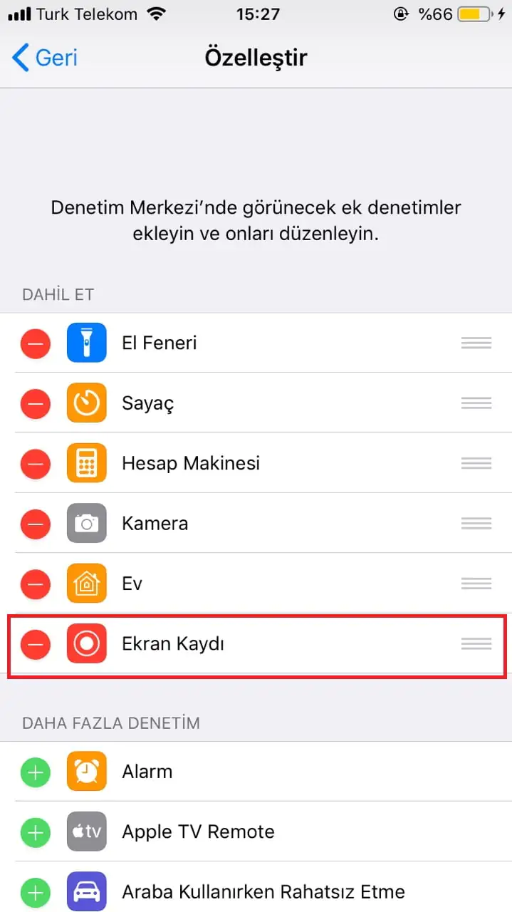 iPhone, iPad veya iPod’da Ekran Kaydı Almak için Özelleştir Menüsü