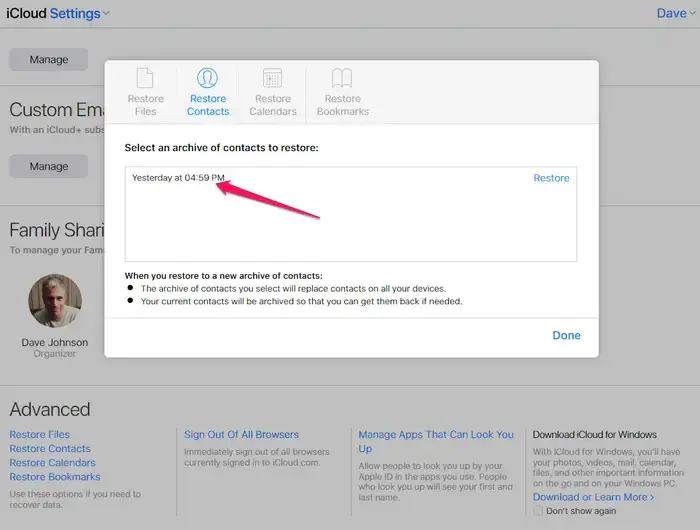 iPhone'da Rehberi iCloud'dan Geri Yükleme