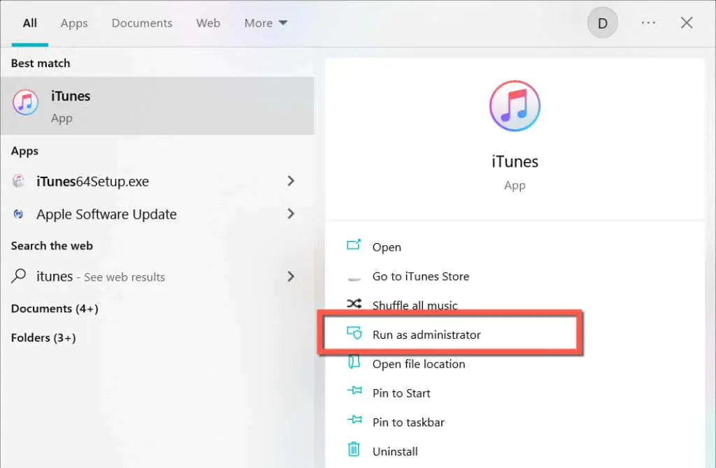 iTunes'un yönetici olarak çalıştırıldığına dair bir ekran görüntüsü.