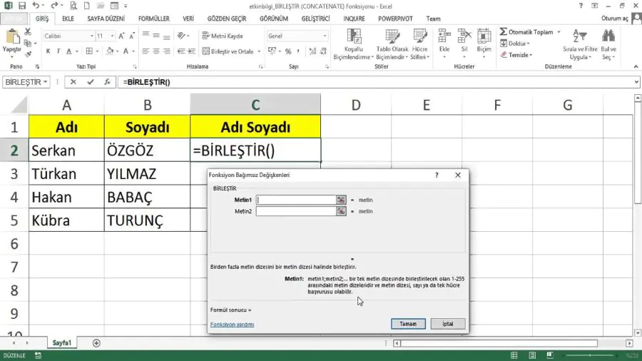 Microsoft Excel'de Ad ve Soyadları Birleştirme