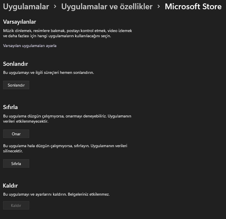 Microsoft Store Sıfırlama İşlemi