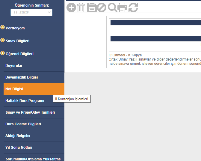 e-Okul not bilgisi menü seçeneği