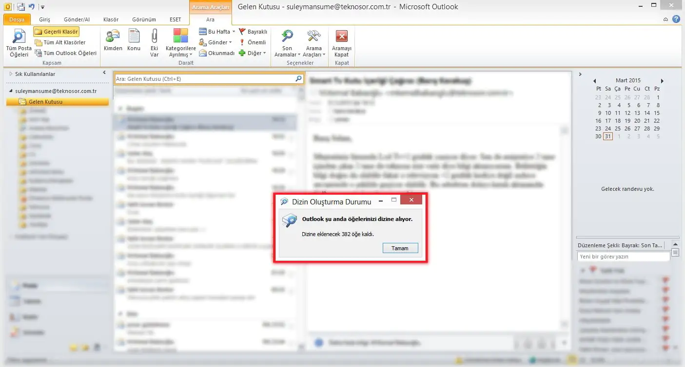 Outlook Epostalarda Arama sorunu