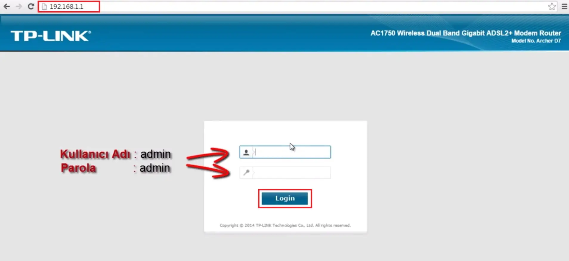 TPLink Archer D7 modem arayüz şifresi