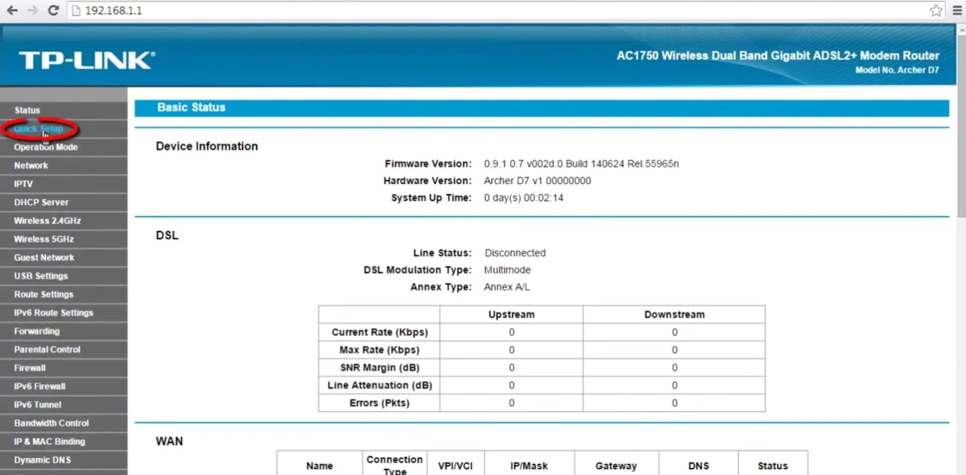 TPLink Archer D7 modem kurulum ekranı