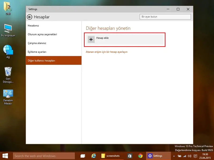 Windows10 hesap ekleme