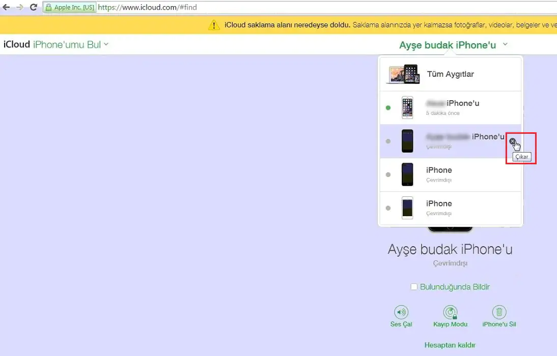 iCloudda iPhone'umu Bul Özelliğini sonlandırmak