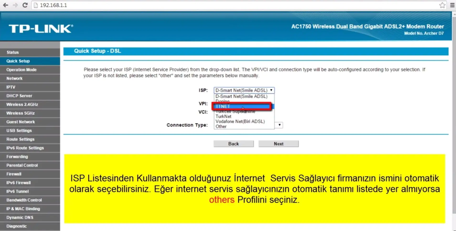 TPLink Archer D7 modem arayüz ekranı