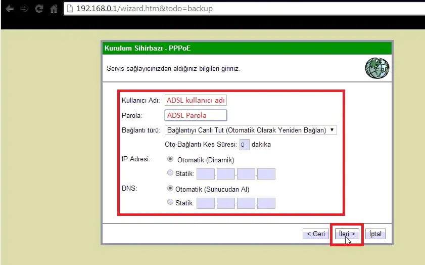 modem kurulumu adsl kullanıcı adı ve şifre