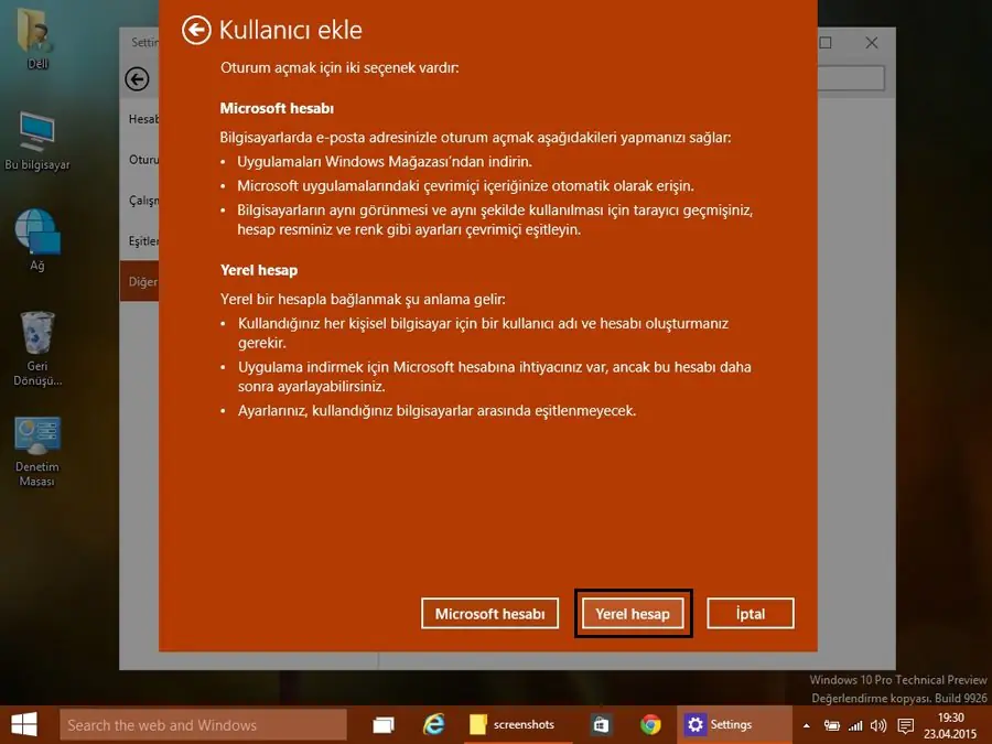 Windows10 Yerel Hesap nasıl açılır