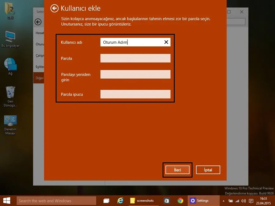 Windows10 çevrim içi hesaptan yerel hesaba geçiş