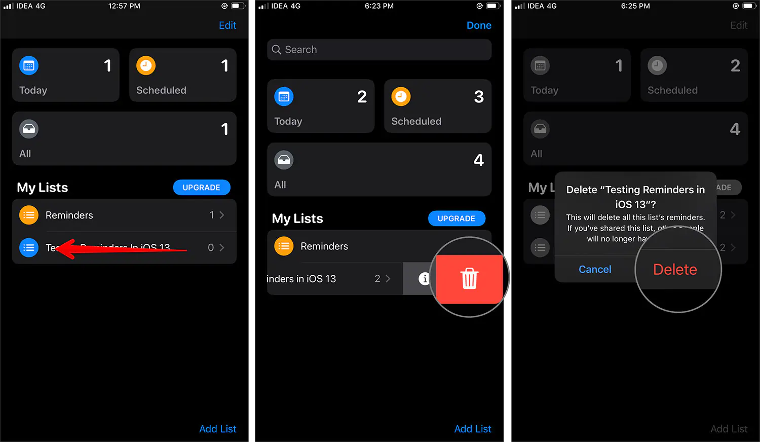 iPhone'da Hatırlatıcıları silme adımları: