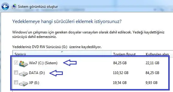 Windows 7de yedekleme sürücüsü