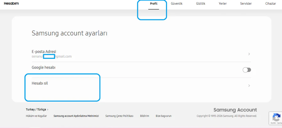 Web Üzerinden Samsung Account Hesabı Silme