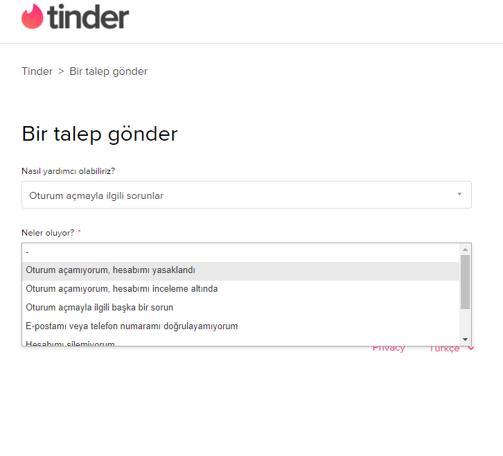 Tinder Talep Formu Gönderme