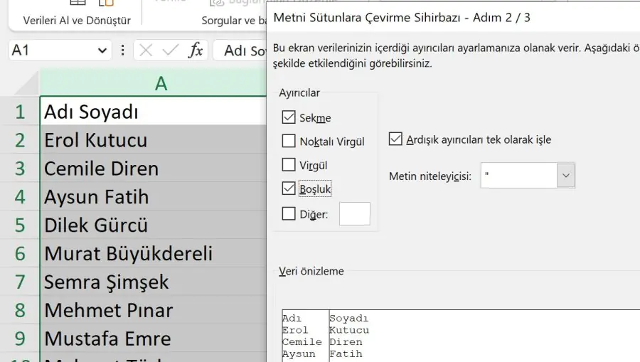 Microsoft Excel'de Ad ve Soyadları Birleştirme