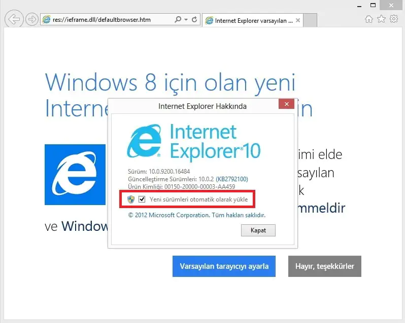 Windows 8 de tarayıcı güncellemesi kapatmak