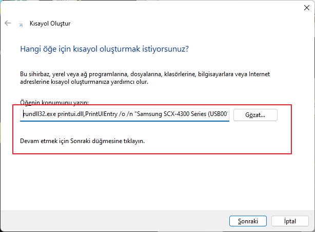 yazıcı kısayolu oluşturma