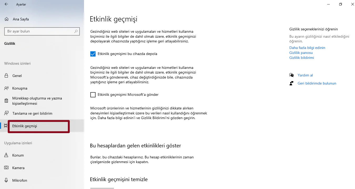 Windows 10 etkinlik geçmişini istediğiniz zaman silin