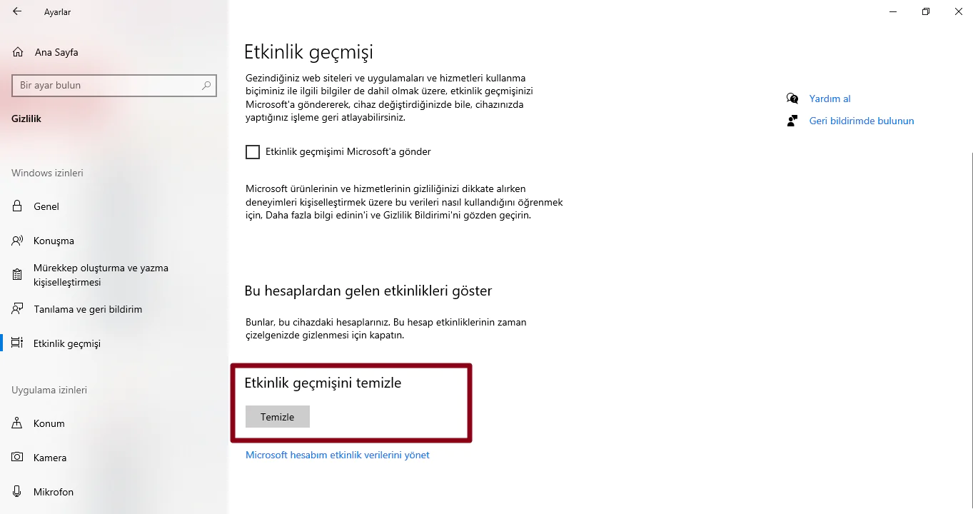 Windows 10 etkinlik geçmişi