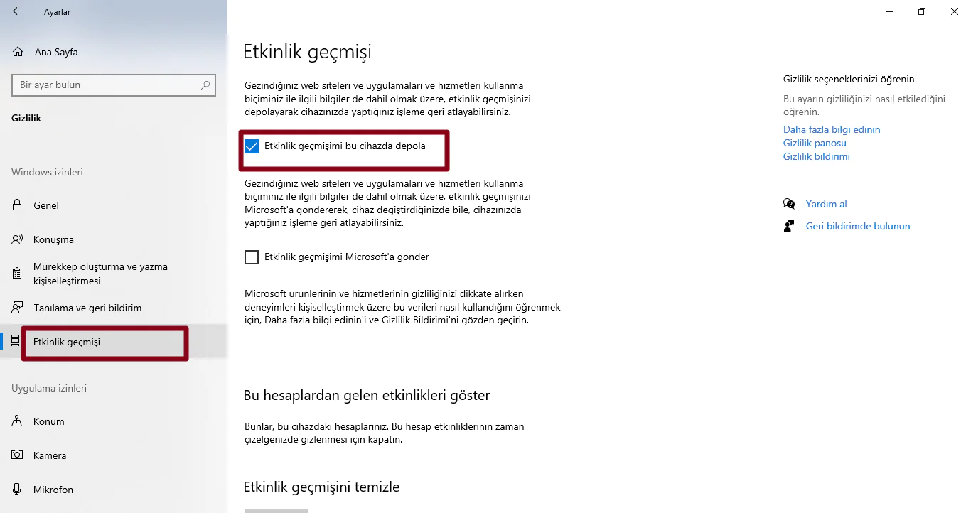 Windows 10 etkinlik geçmişi nasıl silinir