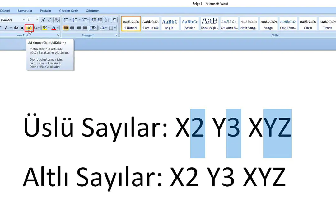 Word'de Üslü ve Altlı Sayılar Nasıl Yapılır?