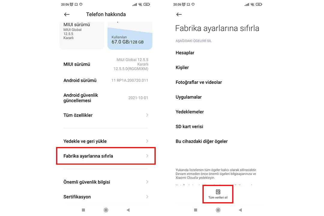 xiaomi, fabrika ayarlarına alma, sıfırlama