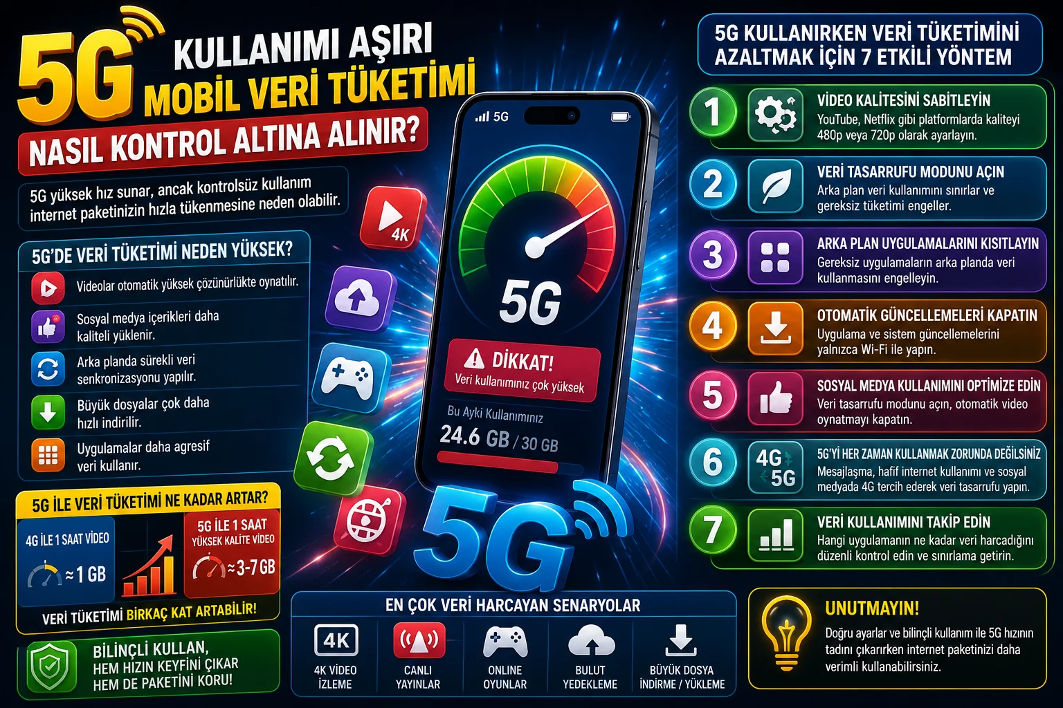 5G kullanımı aşırı mobil veri tüketimi sırasında telefon ayarlarının kontrol edildiği ekran