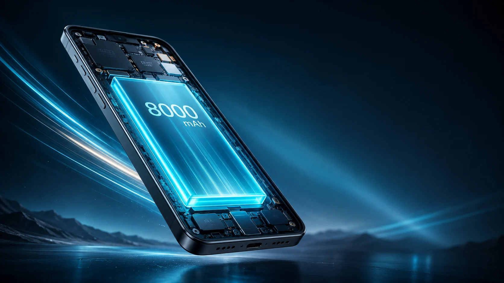 8000 mAh bataryalı telefonlar, parlak enerji bloğuyla fütüristik kapakta gösteriliyor.