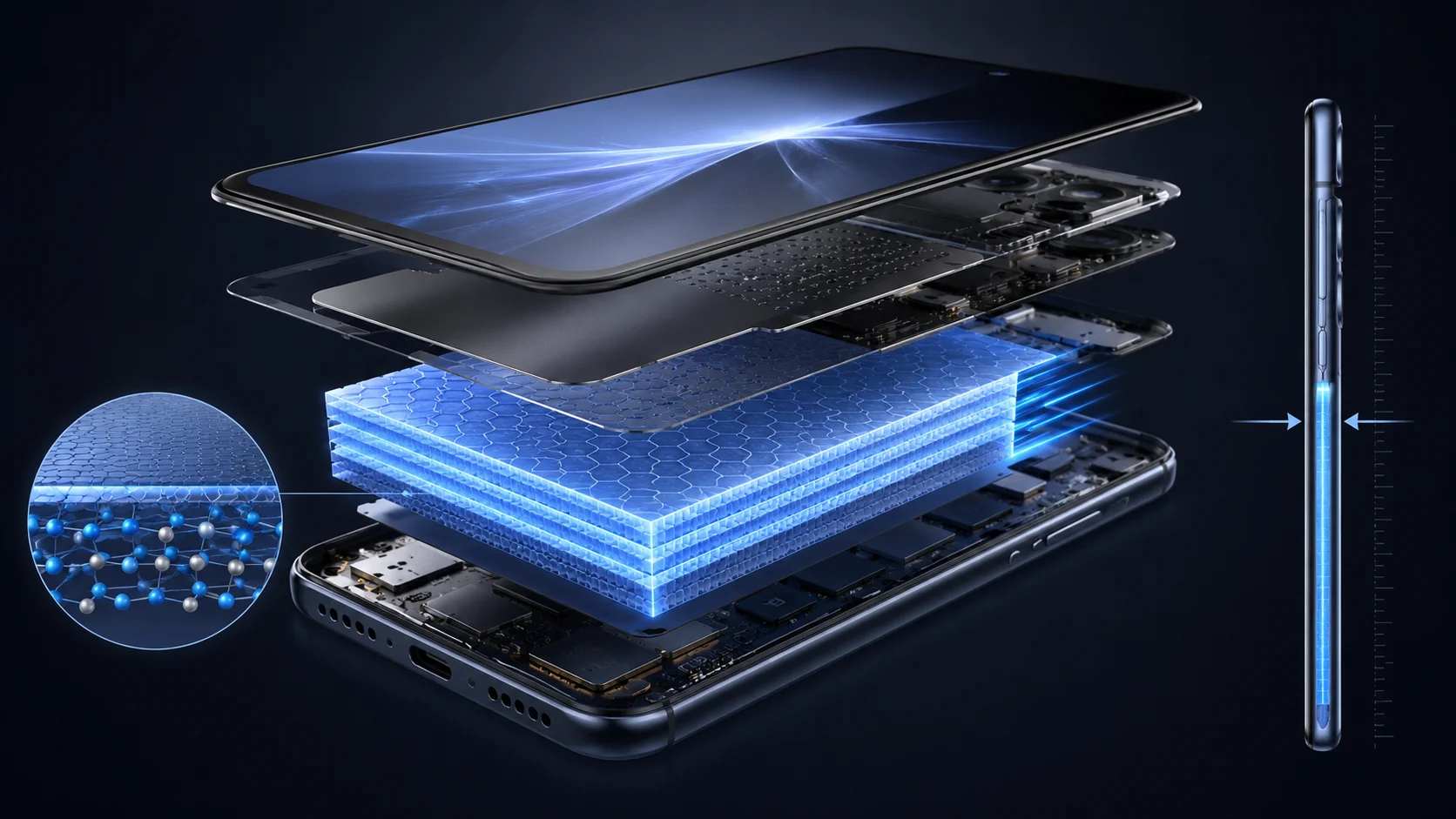 8000 mAh bataryalı telefonlar, ince gövdede silikon karbon pil yapısıyla anlatılıyor.