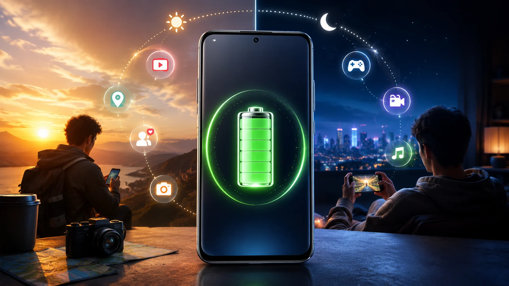 8000 mAh bataryalı telefonlar, gün boyu kullanım sahneleriyle şarj kaygısını azaltıyor.