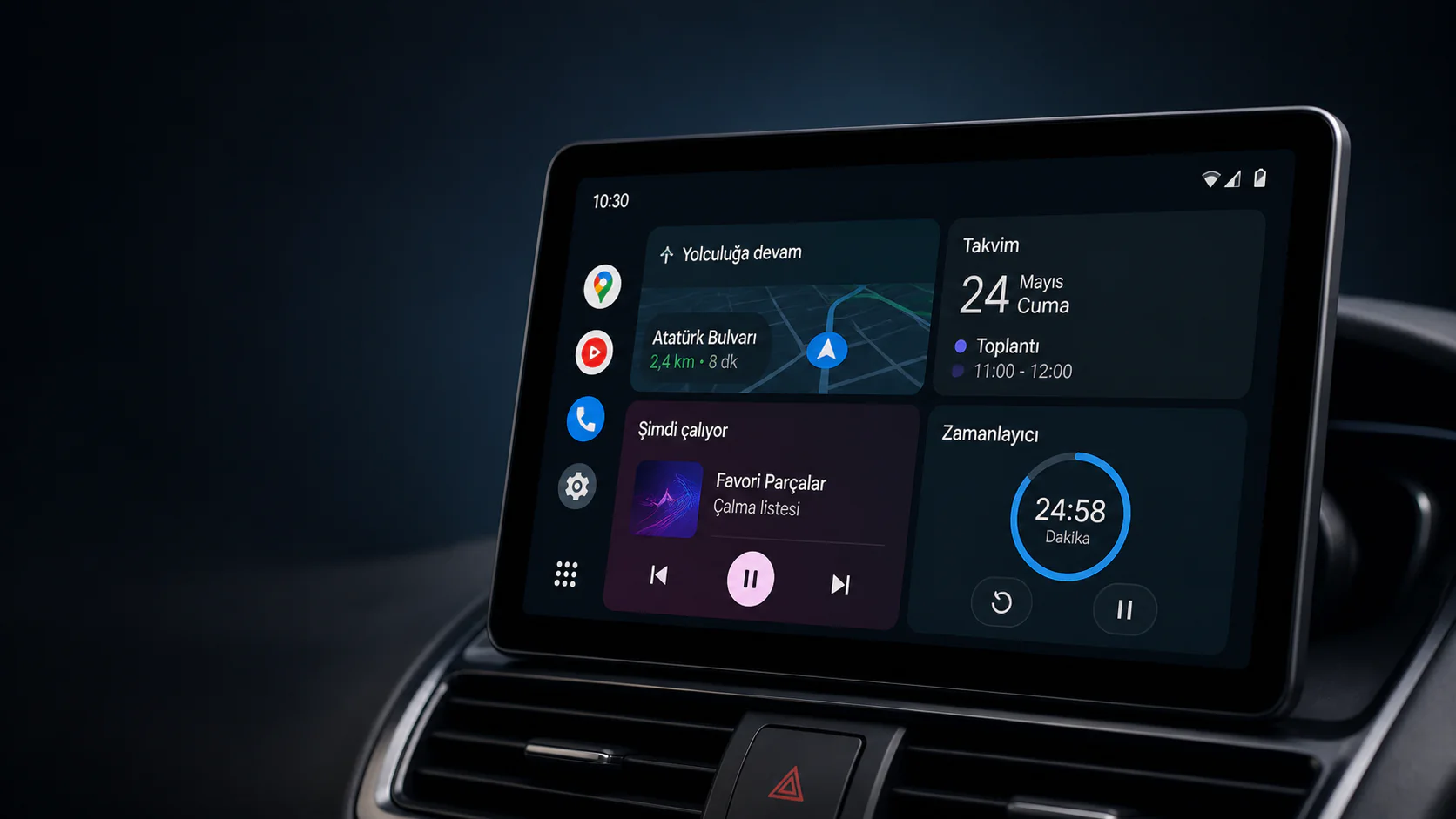 Android Auto widget özelliği araç ekranında takvim ve müzik widget yerleşimi görünümü