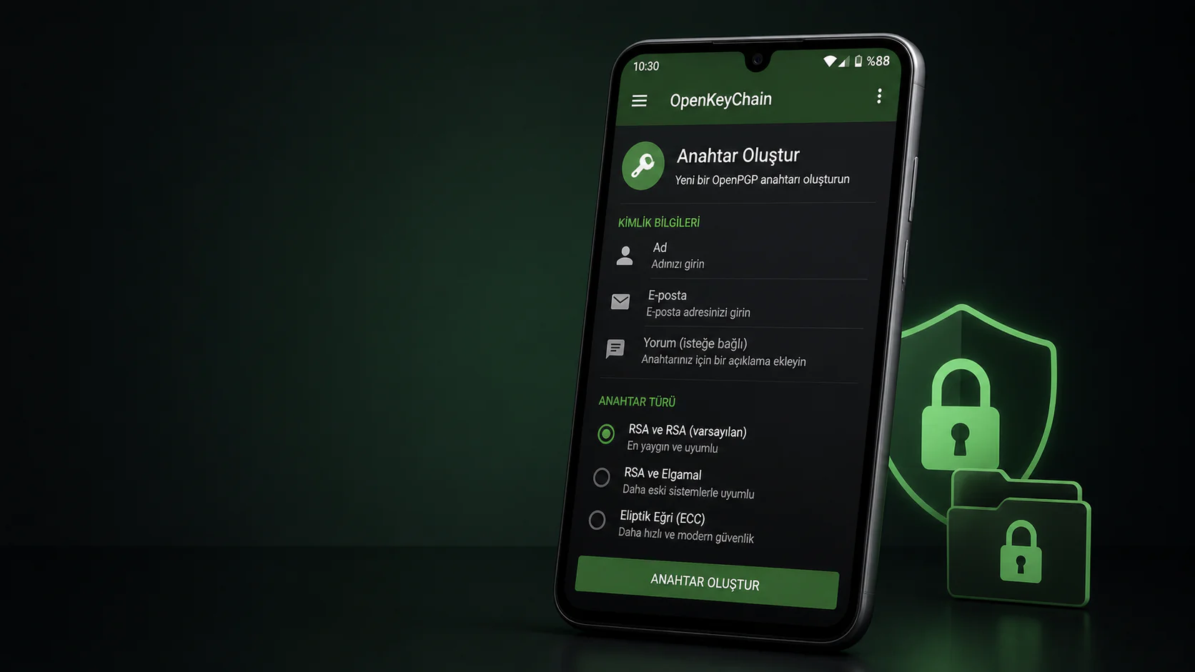 Android Dosya Şifreleme için OpenKeyChain uygulamasında anahtar oluşturma ekranı