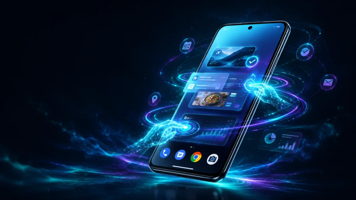 Agentic AI destekli Android telefonun görevleri otomatik yönettiğini gösteren fütüristik görsel