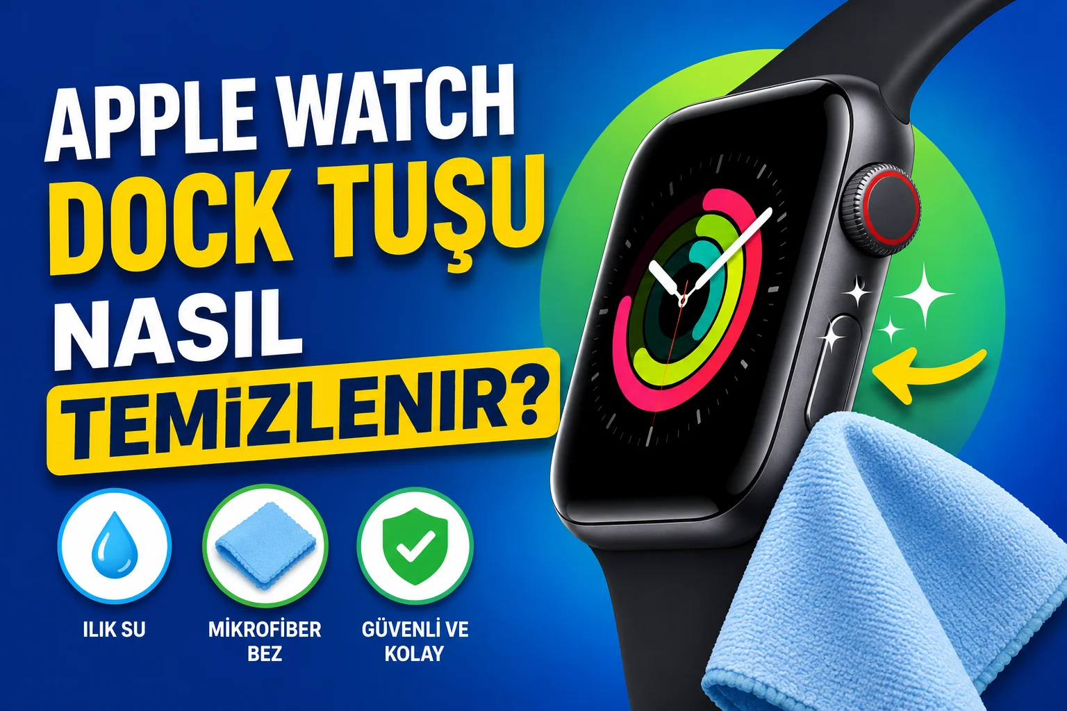 Apple Watch Dock Tuşu temizliği sırasında mikrofiber bezle yan tuş bakımı yapılması