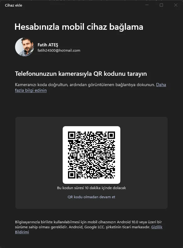 Telefon kamerasını webcam olarak kullanma ayarlarının Windows 11 bilgisayarda gösterilmesi