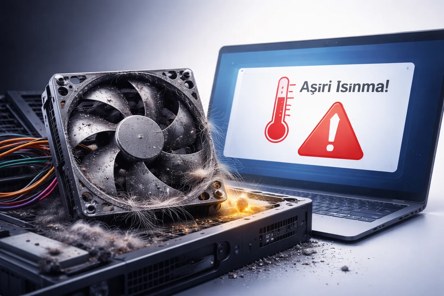 Bilgisayar ömrünü uzatmak için kötü alışkanlıkları gösteren modern masaüstü bilgisayar görseli
