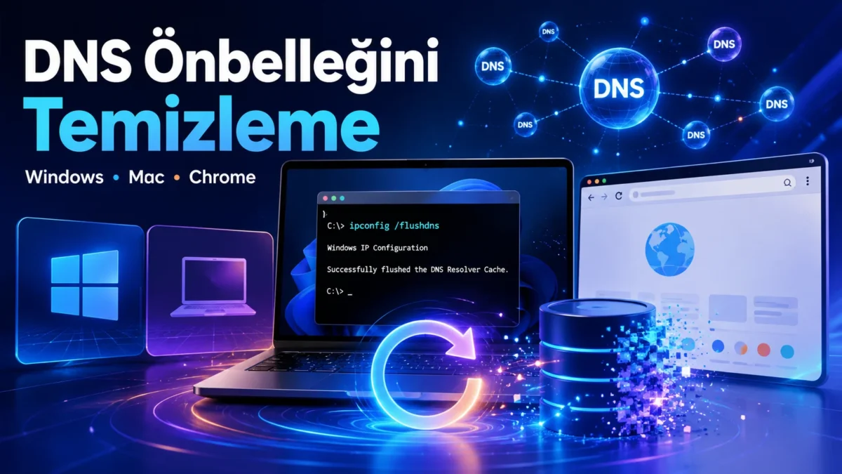 DNS Önbelleğini Temizleme işlemini gösteren Windows, Mac ve Chrome ekranları