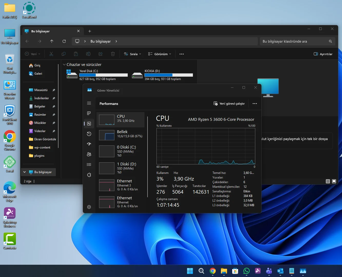 Windows 11 debloat işlemi sonrası RAM ve servis kullanım karşılaştırma ekranı