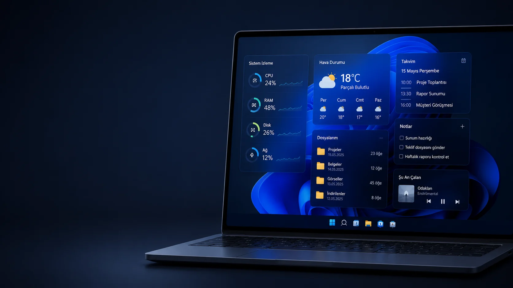 Windows 11 widget uygulaması Themia ile özelleştirilmiş modern ve düzenli masaüstü görünümü