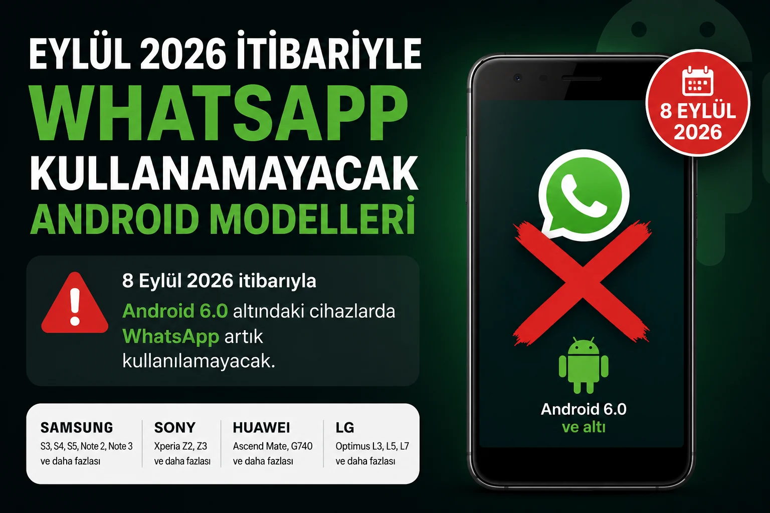 WhatsApp Kullanamayacak Android Modelleri listesinde eski Samsung ve LG telefonlar görüntüleniyor