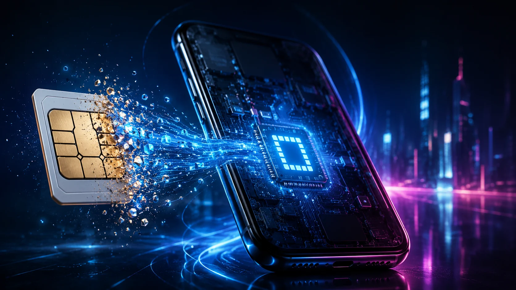 Fiziksel SIM Kartın Sonu, parçalanan SIM’den telefona akan dijital verilerle anlatılıyor.
