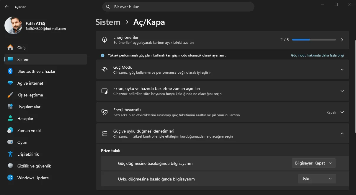 Bilgisayar güç düğmesi ayarları ekranında uyku ve kapatma seçenekleri görüntüleniyor