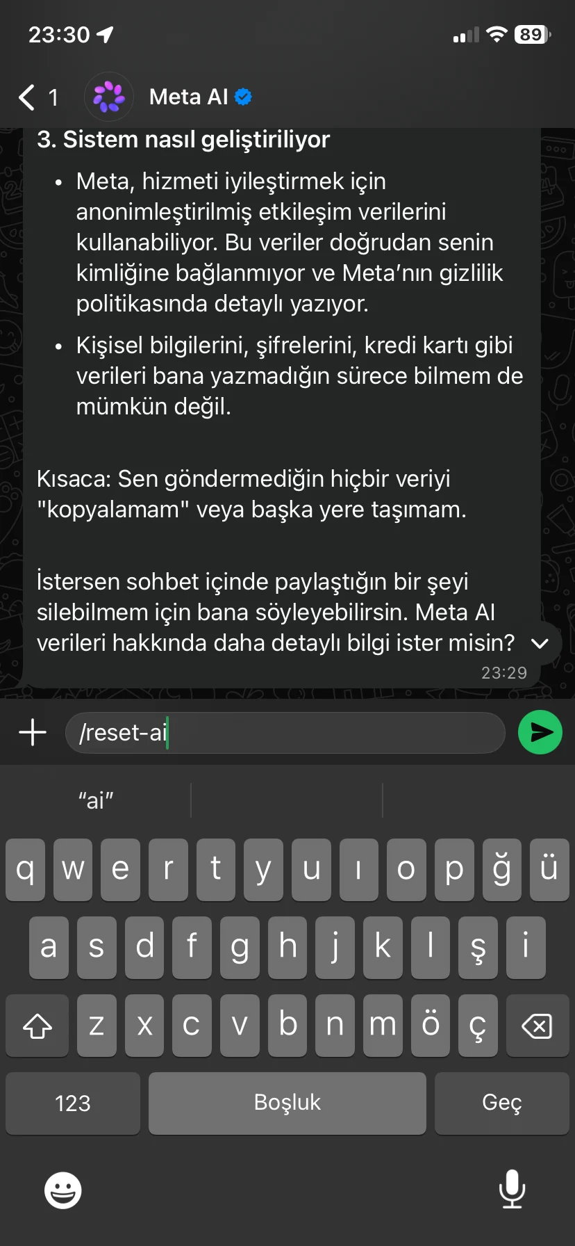 Meta AI ile saklanan verileri sıfırlama
